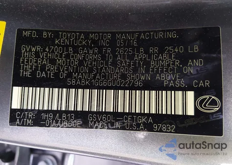 2016 Lexus Es 350 from USA, damaged, VIN 58ABK1GG6GU022796